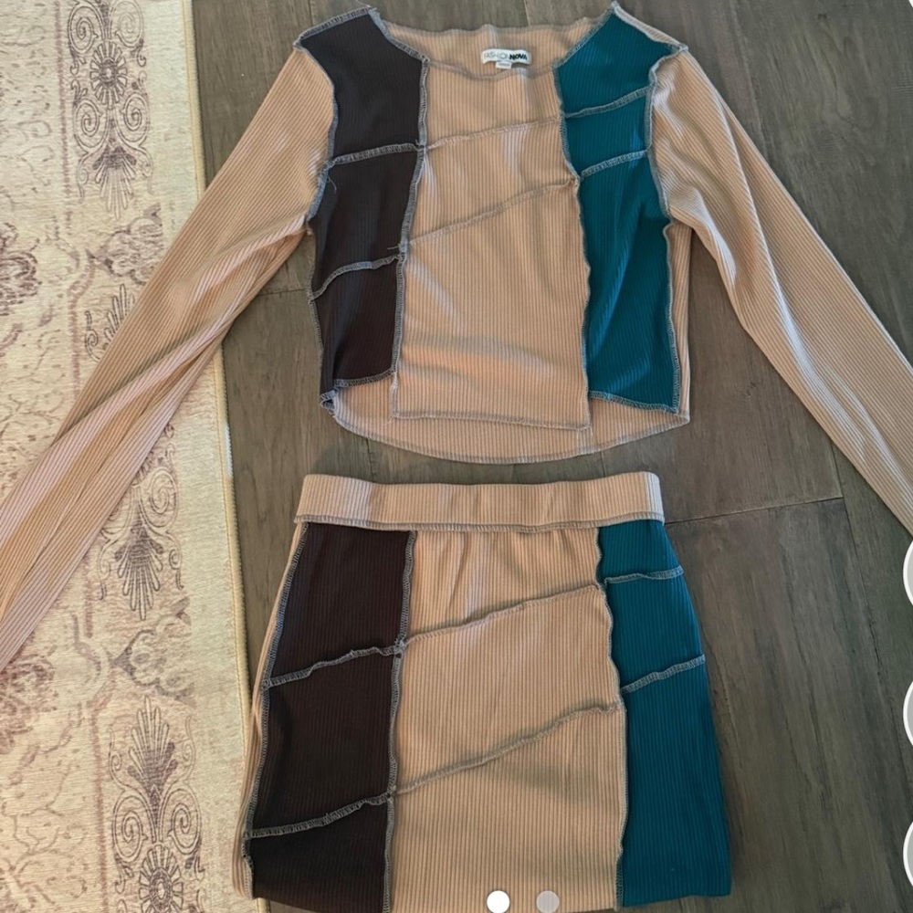 Fashion Nova Tan and Teal Skirt Set
